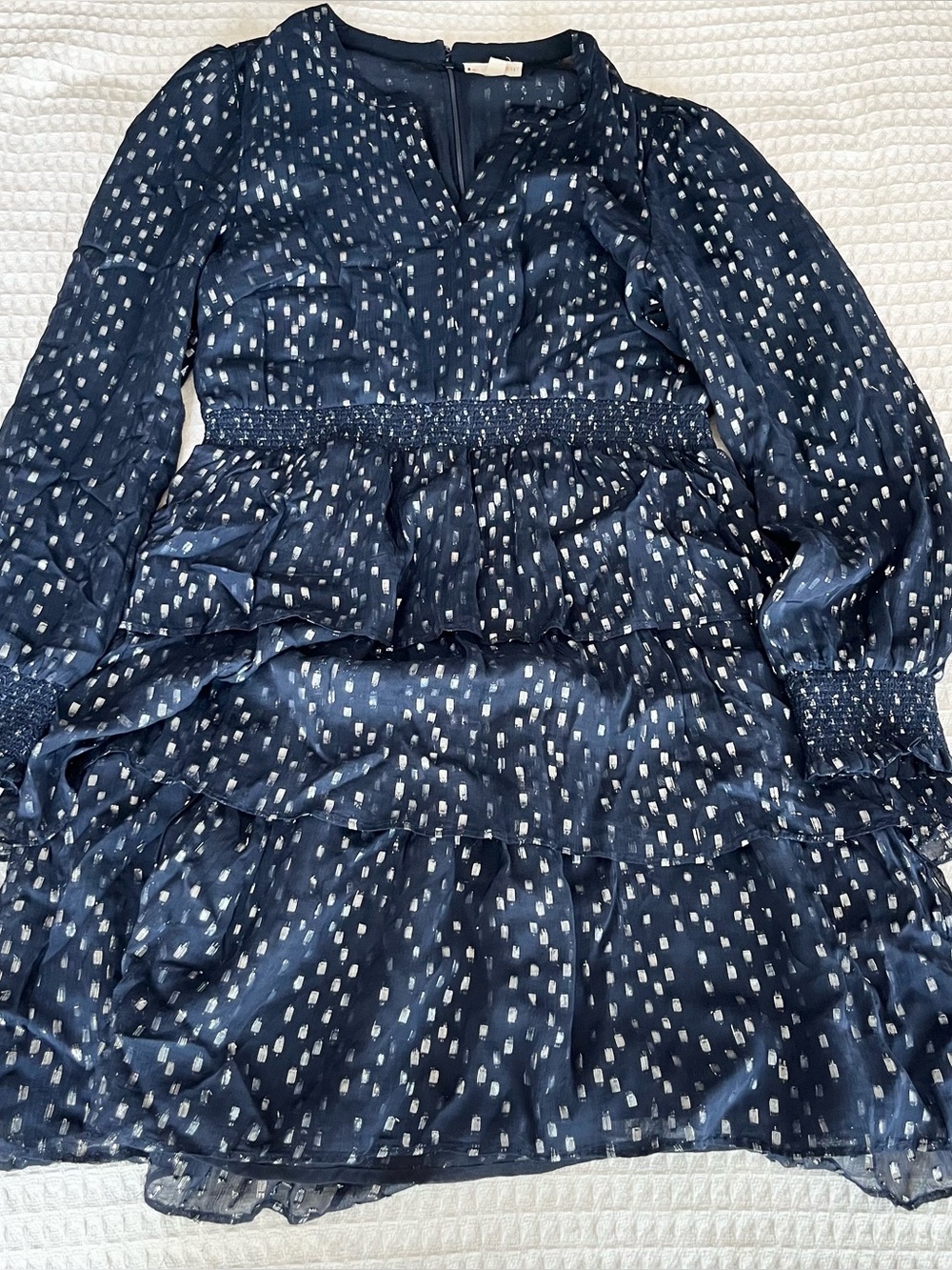 Roller Rabbit Navy Blue Long Sleeve Tiered Dress with Silver Dots medium